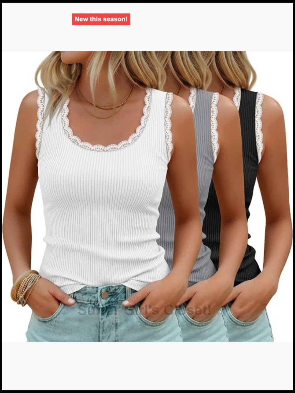 Lace Trim Ribbed Tank Tops Women 3 Pack Cotton Scoop Neck Racerback Summer
